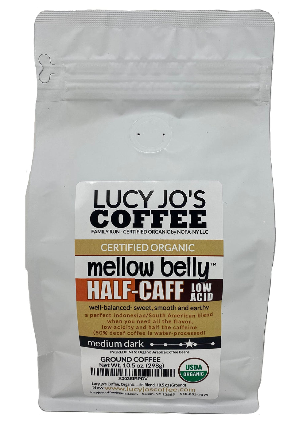 Lucy Jo's Coffee half-caff ground bag highlighting low acid, smooth flavor for all-day sipping