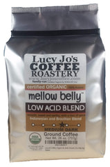Lucy Jo's Coffee Mellow Belly Low Acid Ground Coffee — easy on the stomach with a rich aroma.