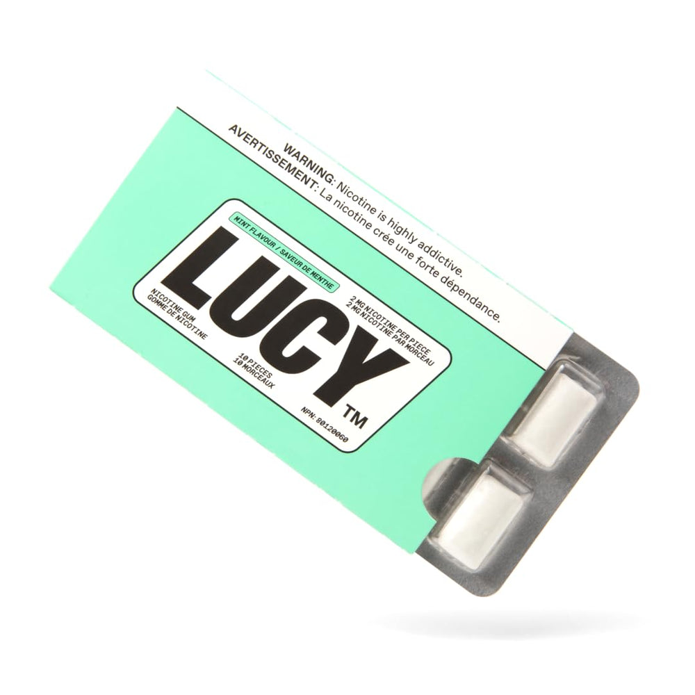 LUCY nicotine gum 2mg mint packaging supports easy quit attempts.