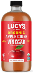 Lucy’s Apple Cider Vinegar bottle shows a clear, golden pour for dressings and drinks.