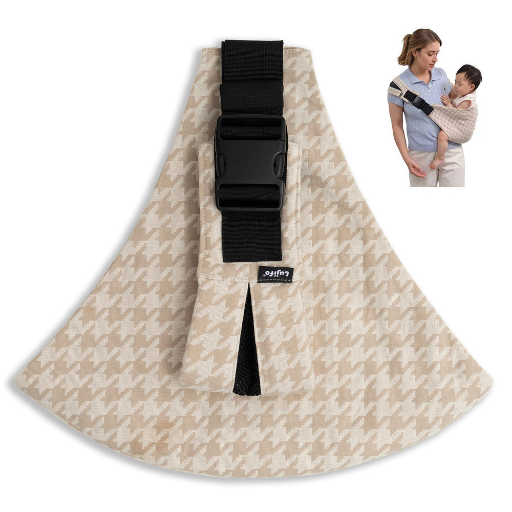 Lujifo baby sling in houndstooth fabric offers comfortable toddler carrying.
