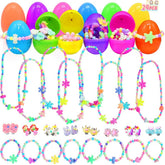 LUKBERA Easter eggs jewelry set unboxing with bright bracelets and necklaces for kids playtime.
