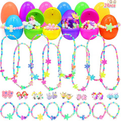 LUKBERA Easter eggs jewelry set unboxing with bright bracelets and necklaces for kids playtime.