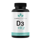 Luma Nutrition D3+K2 softgels bottle front for bone health and overall wellness.