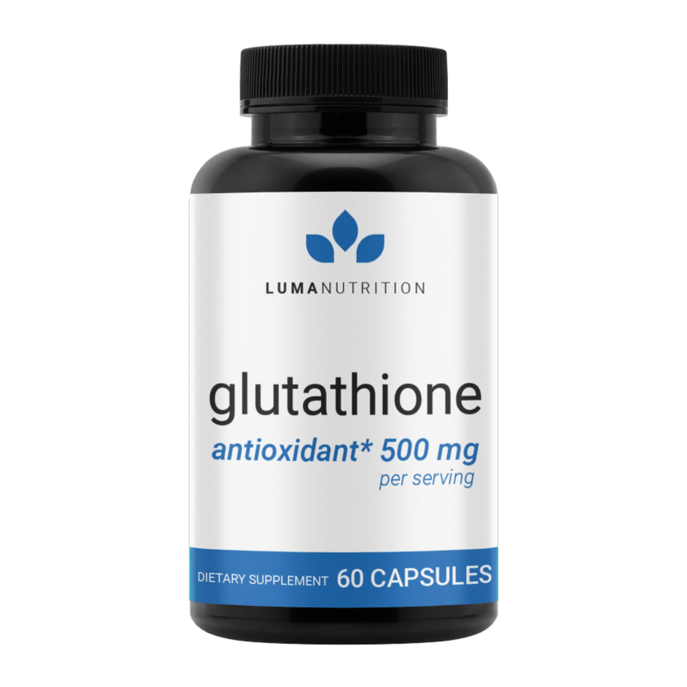 Luma Nutrition Premium Glutathione bottle showing antioxidant support for daily wellness.