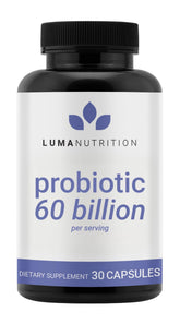 Luma Nutrition Probiotics 60B bottle highlight, supports digestive balance and immune wellness