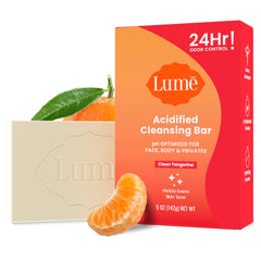 Lume Acidified Cleansing Bar offers 24-hour odor control after shower.