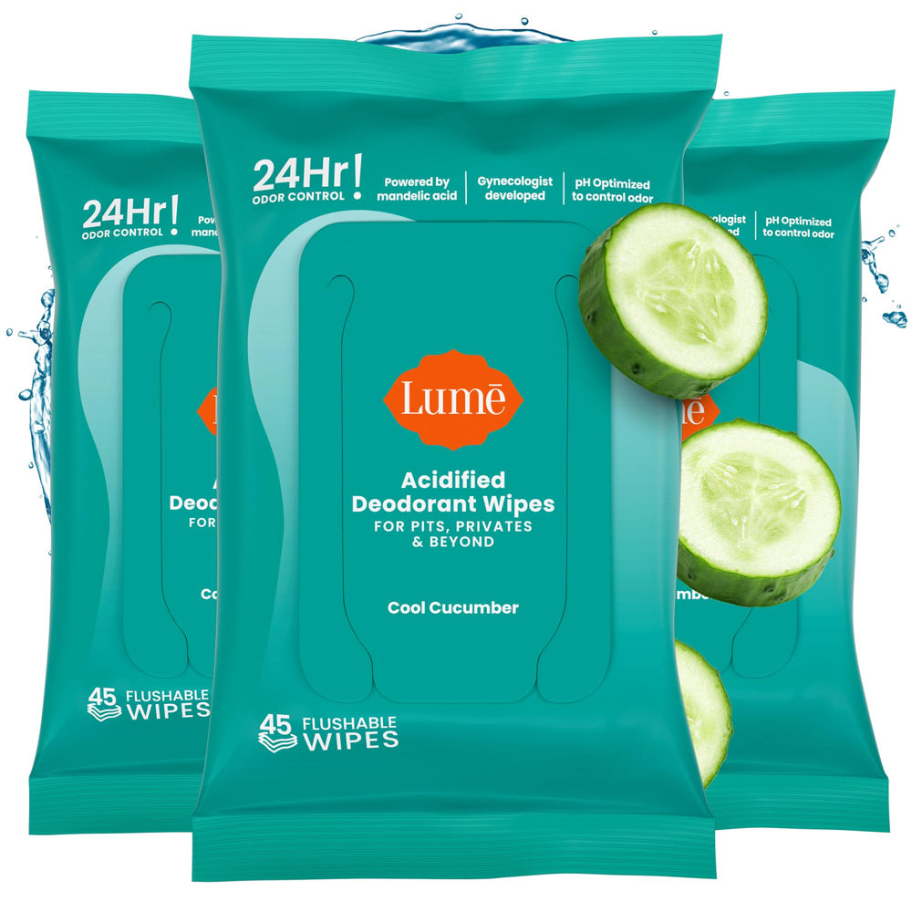 Lume Acidified Deodorant Wipes cucumber hero image shows fresh scent and long-lasting odor control