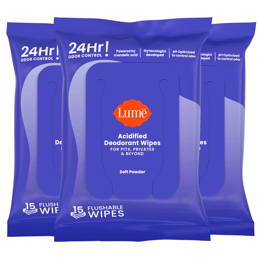 Lume Acidified Deodorant Wipes soft powder towelettes for all-day freshness on the go.