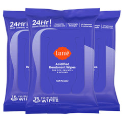 Lume Acidified Deodorant Wipes soft powder towelettes for all-day freshness on the go.
