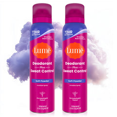 Lume Deodorant Plus invisible spray with soft powder scent in a two-pack for long-lasting protection.