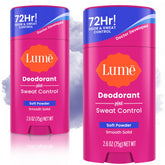 Lume Deodorant Plus Sweat Control soft powder stick provides gentle odor protection.