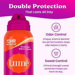 Lume Deodorant Plus Sweat Control spray-dispense demonstrates quick, mess-free application.