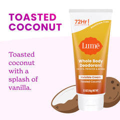 Lume toasted coconut graphic highlighting aluminum- and baking-soda-free formula