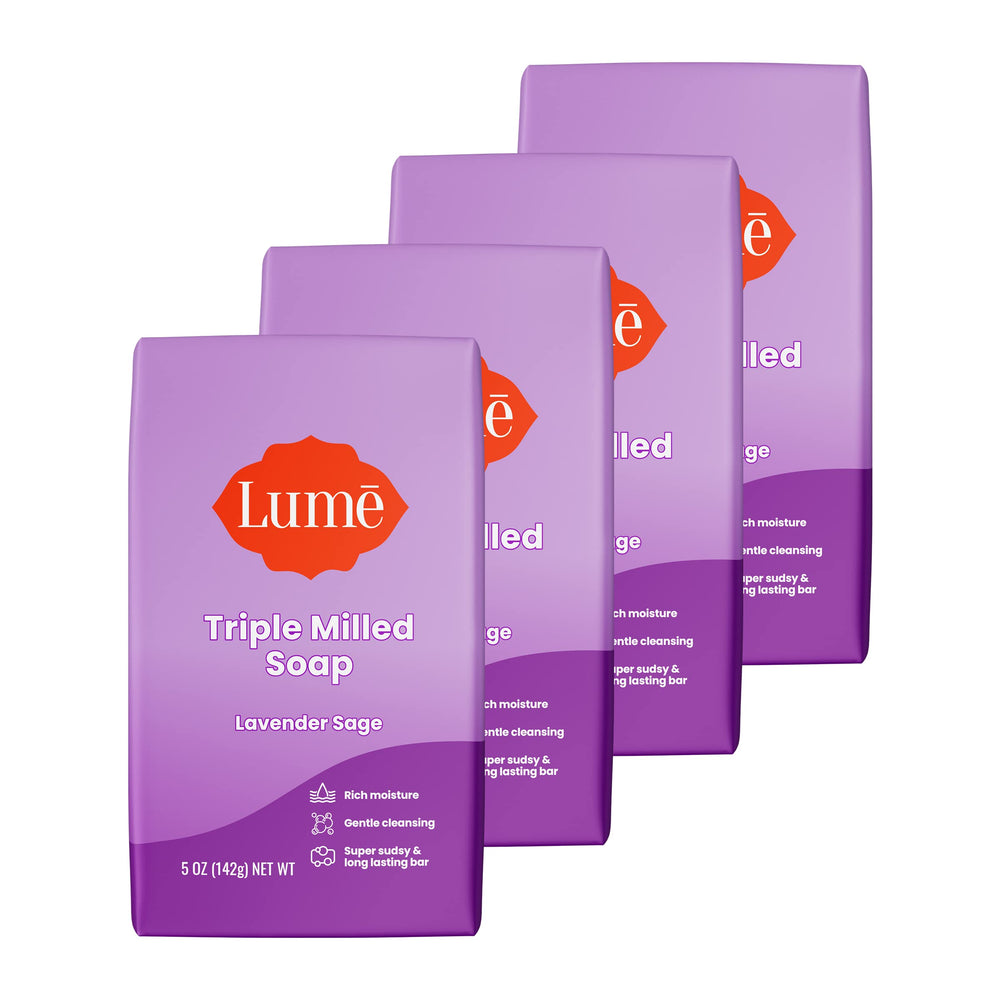 Lume Lavender Sage soap bar close-up showing rich lather for daily cleansing