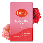 Lume triple milled soap peony rose packaging highlights premium bar for daily routines.