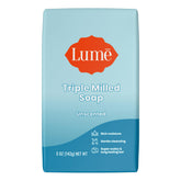 Lume unscented bar soap close-up shows rich moisture for sensitive skin.