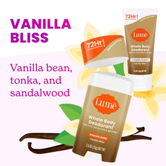 Lume Vanilla Bliss solid stick highlights quick glide and long-lasting suppression of odor.