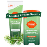 Lume Whole Body Deodorant Fresh Alpine cream tube shows all-day odor control.