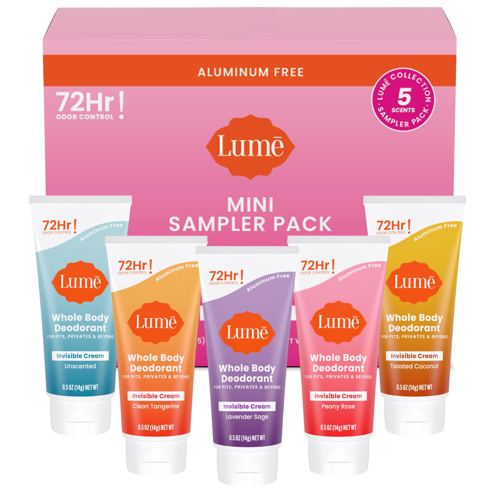 Lume whole body deodorant sampler box with five mini tubes for all-over use