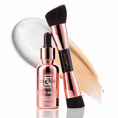 LUMINESS Liquid Mirage bottle close-up showing color-changing foundation for a seamless match