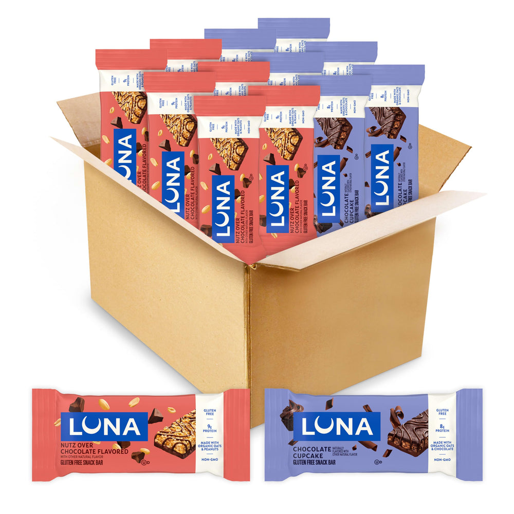Luna Bar variety pack Chocolate Cupcake packaging, a convenient gluten-free on-the-go snack.