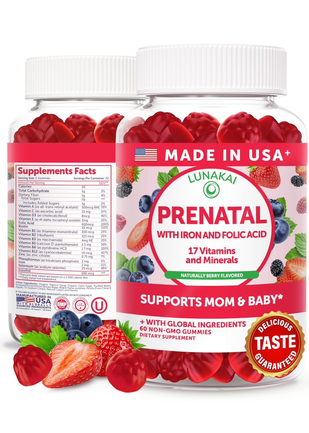 Lunakai 17-in-1 prenatal vitamins bottle for daily pregnancy support.