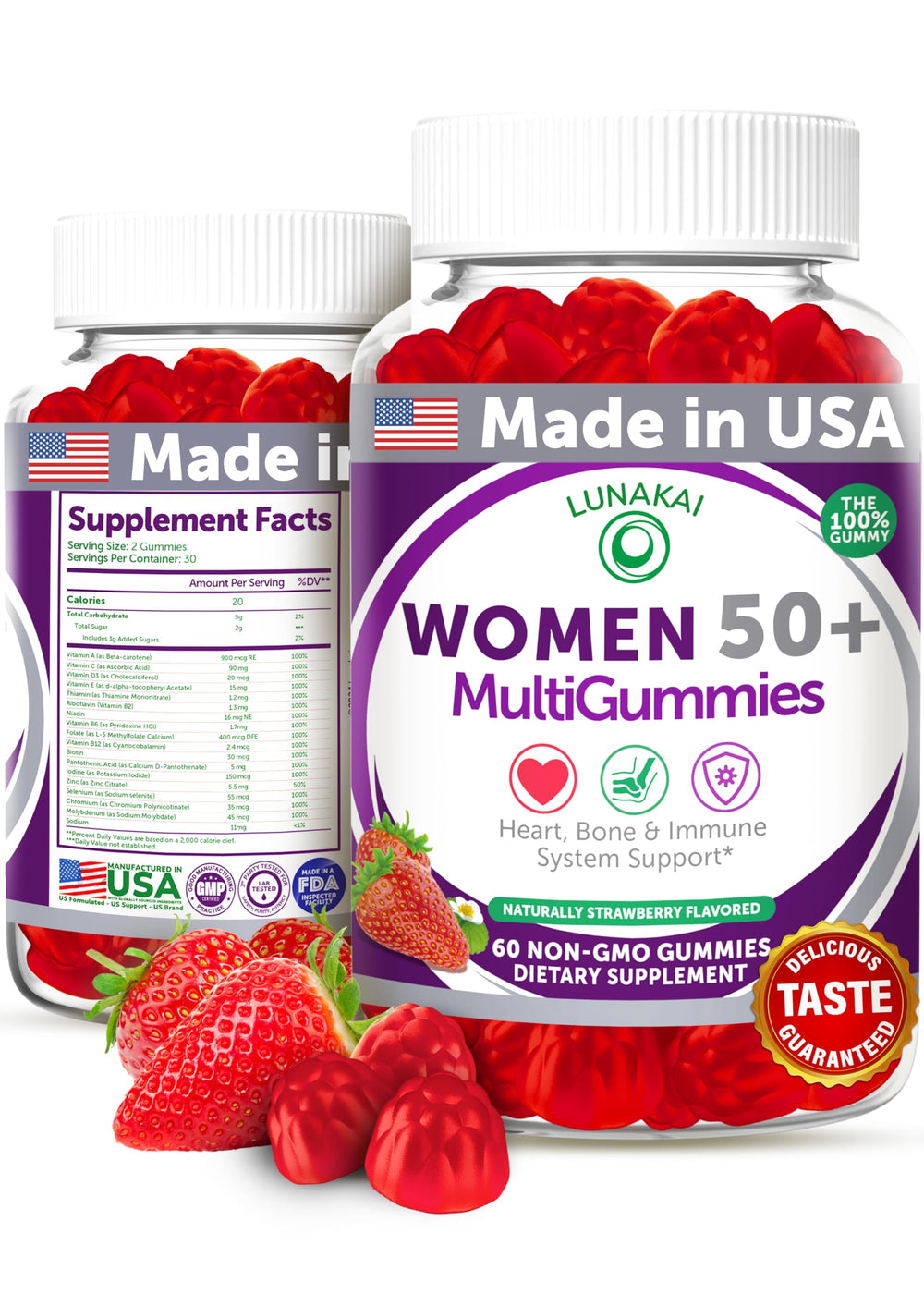 Lunakai bottle pouring strawberry gummies for daily energy support