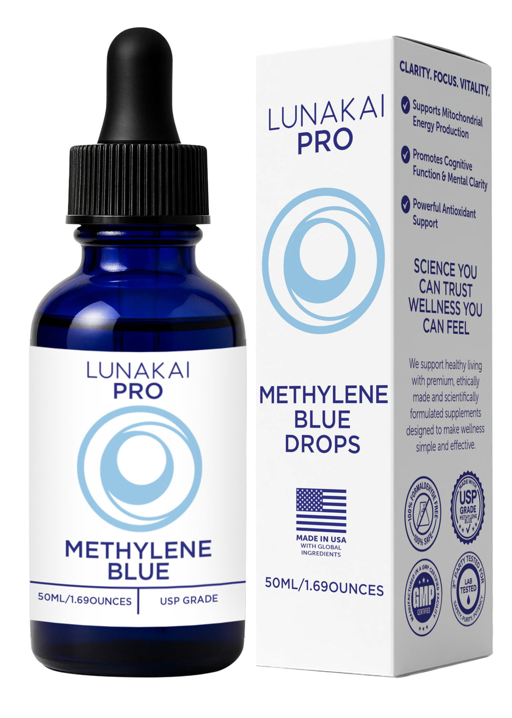 Lunakai PRO 1% methylene blue bottle shows premium USP-grade formula for cognitive support.