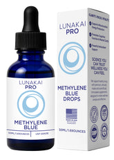 Lunakai PRO 1% methylene blue bottle shows premium USP-grade formula for cognitive support.