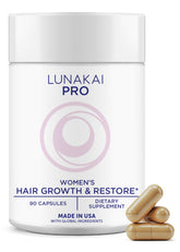 Lunakai Pro bottle front showing USA-made hair growth support.