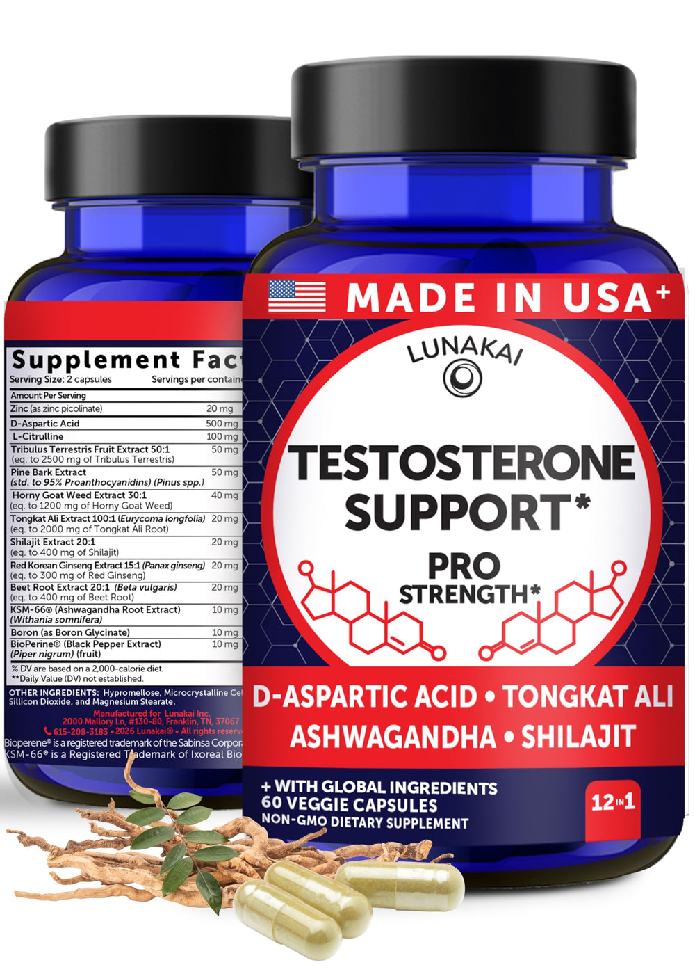 Lunakai testosterone booster bottle front view for energy and focus.