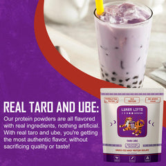 Lunar Lifts prepared taro-ube drink in glass with bubble tea vibe.
