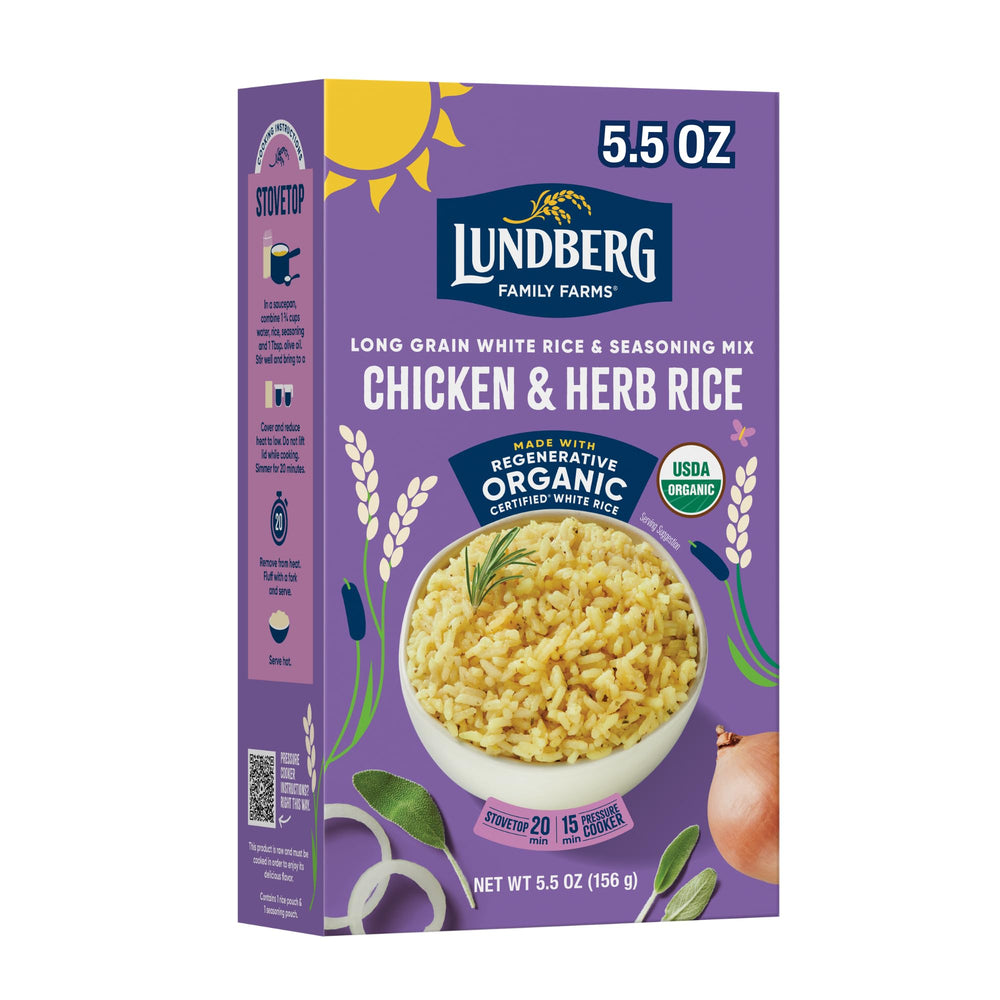 Lundberg chicken herb seasoned rice pack-front highlighting regenerative organic certified for eco-friendly meals.