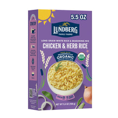 Lundberg chicken herb seasoned rice pack-front highlighting regenerative organic certified for eco-friendly meals.