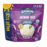 Lundberg Regenerative Jasmine Rice pack on a shelf showcasing organic and ethical certifications.
