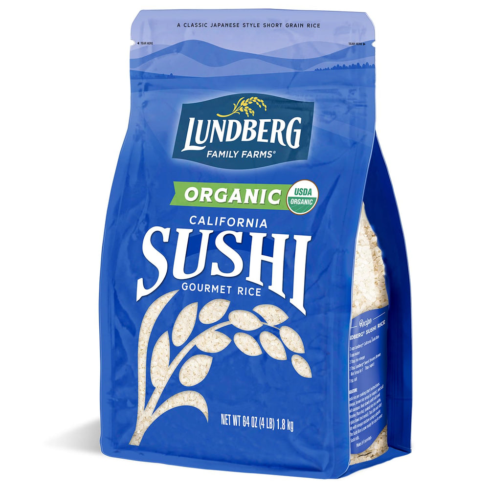 Lundberg Sushi Rice 64oz bag close-up showing premium short-grain texture for sushi and nigiri.