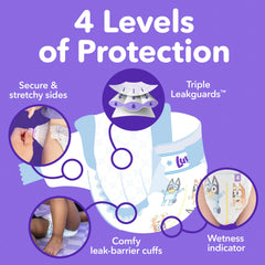 Luvs Platinum Protection bluey diaper outside closeup highlights soft snug fit