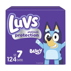 Luvs Platinum Protection bluey diaper packaging shows reliable day and night protection