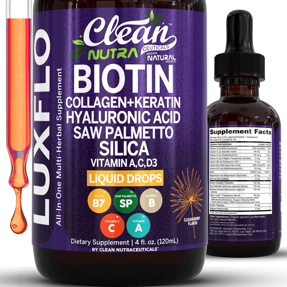LuxFlo liquid biotin-collagen bottle with pour highlights hair health