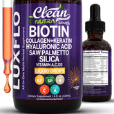 LuxFlo liquid biotin-collagen bottle with pour highlights hair health