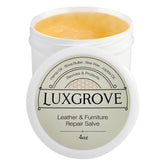 LuxGROVE Leather Repair Salve bottle shows easy conditioning and color revival.