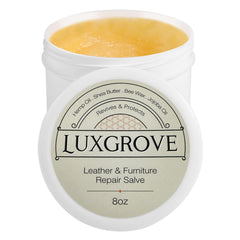 LUXGROVE Leather Salve bottle shown for rejuvenating leather with color and protection.