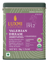 Luxmi Estates Valerian Dream cup steeping for a calming bedtime ritual.