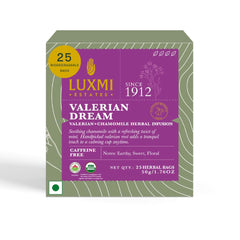 Luxmi Estates Valerian Dream tea bags packaging highlights plastic-free, eco-friendly presentation.