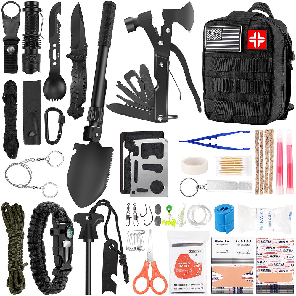 LUXMOM Emergency Survival Kit contents organized for easy access during outdoor adventures.