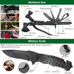 LUXMOM hatchet and 3-mode flashlight ready for quick shelter building.