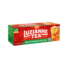 Luzianne decaf iced tea bags in a 24-count box, rich flavor with less caffeine