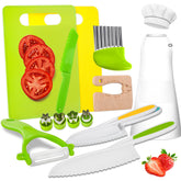 LWWTBS Kids Knife Set with apron enables safe pretend cooking and independent play.
