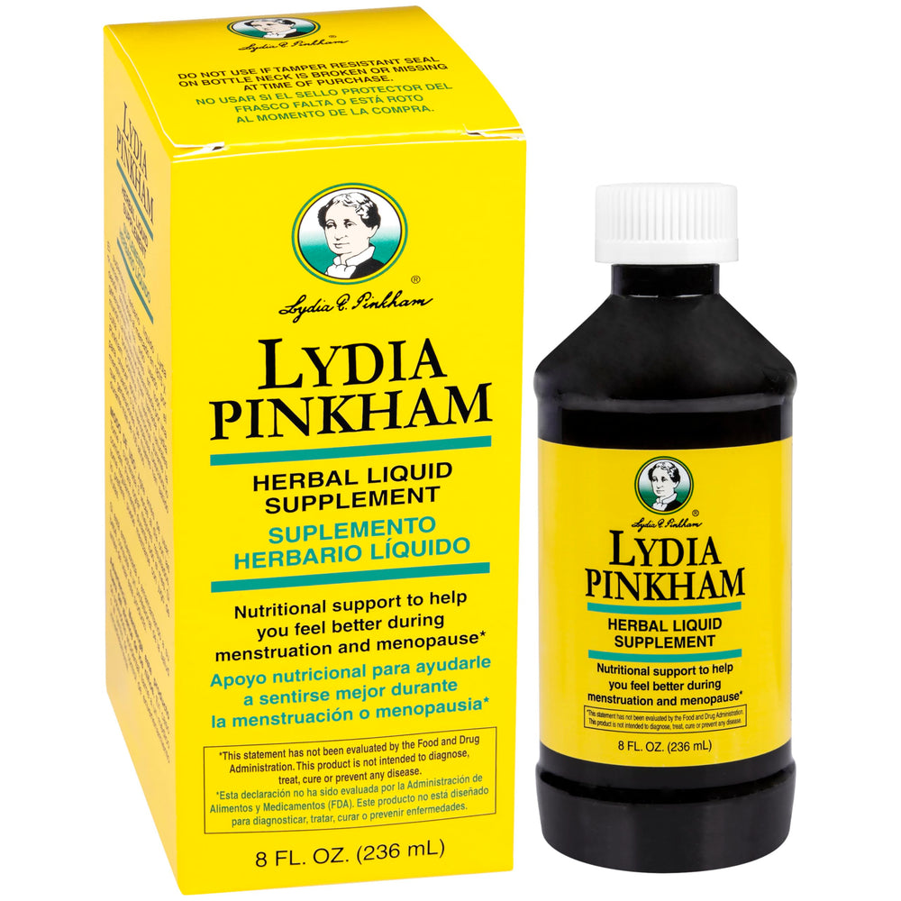 Lydia Pinkham liquid bottle front label showing the seven-herb blend for menstrual support